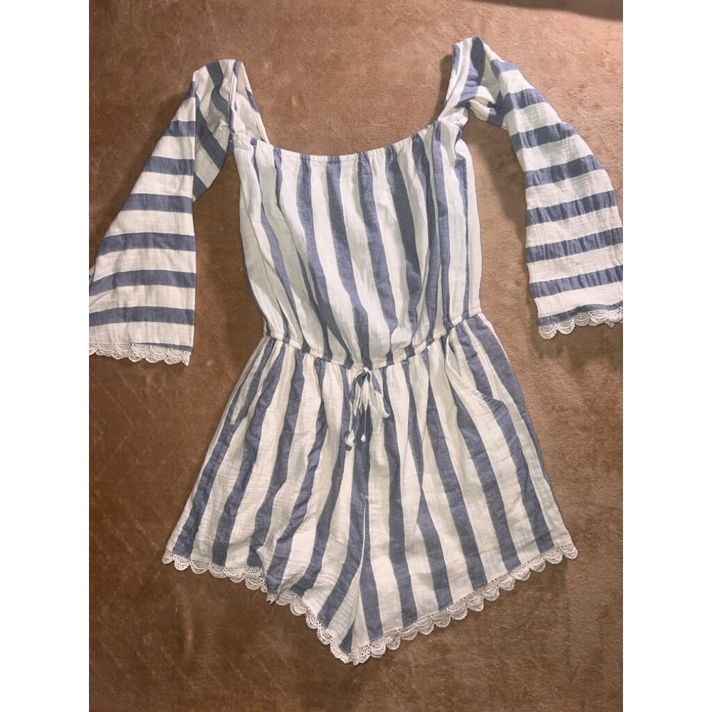 Listicle Women Medium Blue White Stripe Off the Shoulder 3/4 Sleeve Short Romper